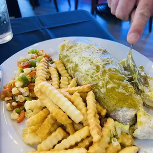 Green Chile burrito with papas and corn (up charge)
