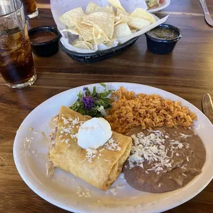 Chicken chimichanga with rice and beans (split to share).