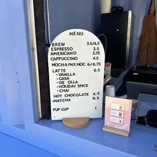 the menu for the restaurant