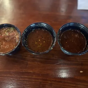 Alfonso recommended the 2 darker salsas. House, roasted and spicy. All Delic! We mixed them!