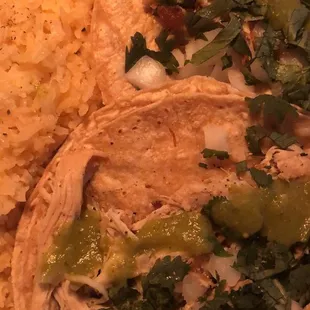 Pollo tacos with Spanish rice and delicious verde sauce!