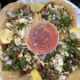Tacos of  Asada , adobada, carnitas and chorizo. They also have chicken but I got these 4.