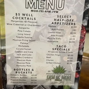 Happy hour menu