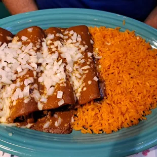 Mexican Rice and Enchiladas Ranchero 2  shredded chicken and 2 beef