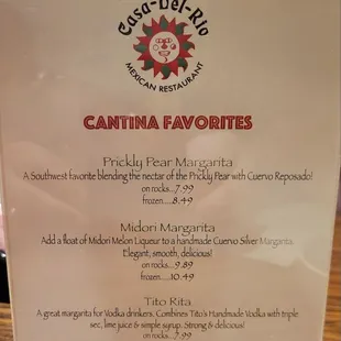 Cantina drink menu