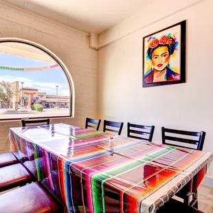 a colorful table and chairs