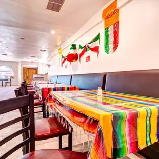 a colorful table and chairs