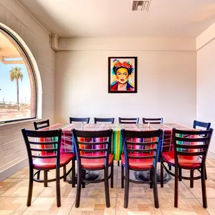 a colorful table and chairs