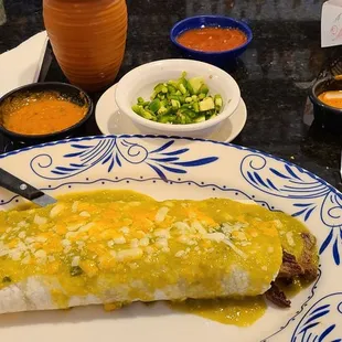 Naked burrito wrapped with steak, fresh jalapeños, hot salsa, and a Paloma.the best in town, by far. Muy Bien