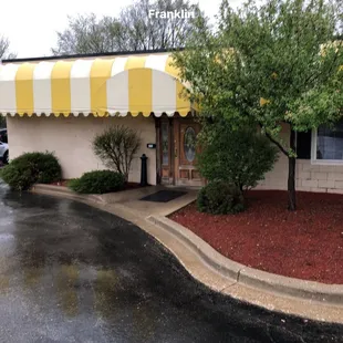 Outside of building on a rainy cold day.