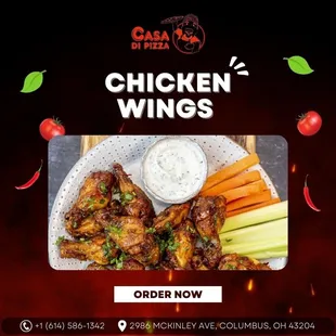 a plate of chicken wings, carrots, celery, and celery