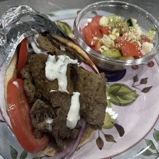Beef and lamb Gyro with traditional Greek salad