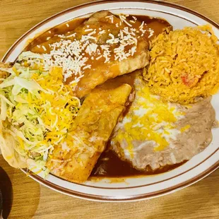 #31 combo taco enchilada Chile relleno with rice and beans