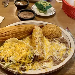 Beef Taco, Beef Enchilada, Pork Tamale Plate