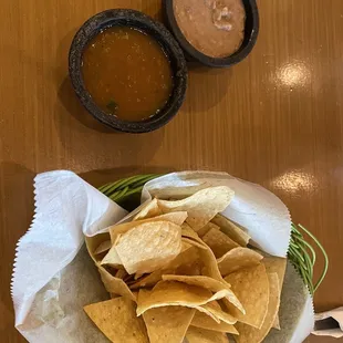 Chips, salsa, refried beans