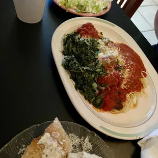 Spaghetti with Marinara Sauce garlic bread and salad