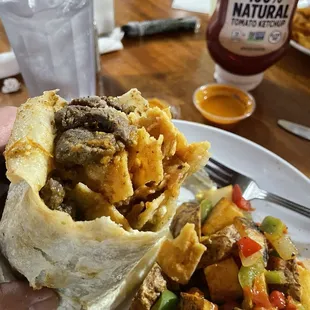 The meat and chilaquiles