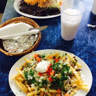 Carne asada plate and carne asada fries with horchata, so good!