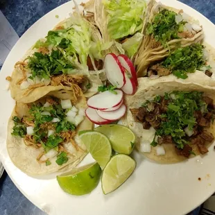 Fish, chicken, beef, pork tacos