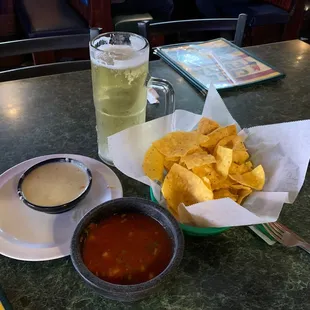 Chips w salsa and queso dip.  Ice cold beer.