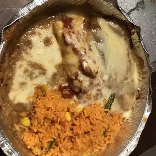 Rice, Chile relleno, chicken burrito