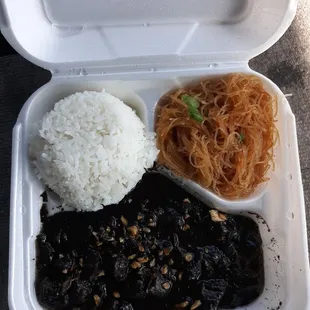 Dinuguan with white rice and pancit