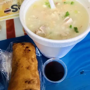 Goto (rice porridge) with lumpia and vinegar sauce
