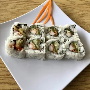 a plate of sushi rolls