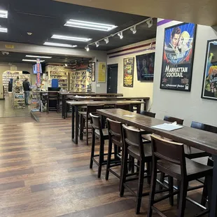 The back seating area, leads into the lower movie rental area.
