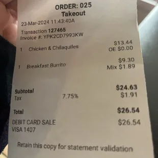 This is the actual charge for the Chilaquiles which is $13.99 this is terrible business ..