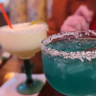 Blue Margarita and the sweetheart Margarita. 9 dollars each and strong.