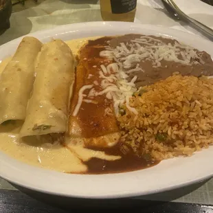 Enchiladas 2 shredded chicken &amp;  1 cheese w/beans and rice