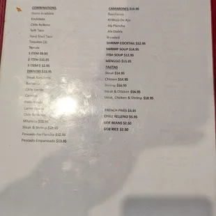the menu for the restaurant