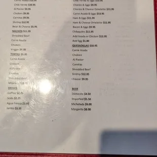 the menu for the restaurant