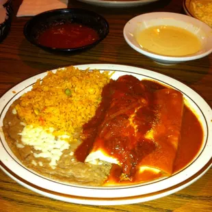 Burrito, Cheese Enchilada, Rice,and Beans. #23 on Menu.