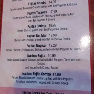 Fajita menu