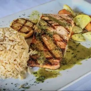 Pan Roasted Salmon with Lemon Wine Sauce. Rice and Veggies