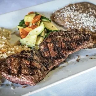 Carne Asada Outside Skirt. Rice, Beans and Veggies