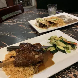 Lamb Shank and Crispy Carne Asada tacos.