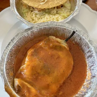 Takeout: Chili Poblano and a hard shell chicken taco.