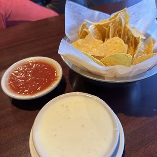 Chips and salsa and a side of cheese dip