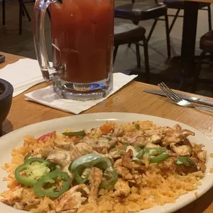 Michilada and the Casa special with chicken and Jalapeño