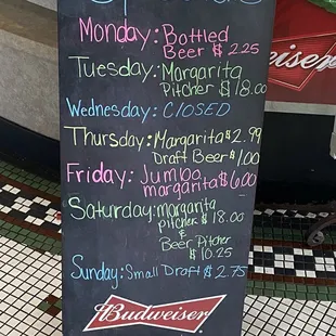 specials on a chalk board