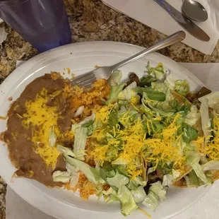 3 tacos, beans, and rice