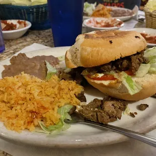 Torta, rice, and beans