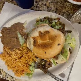 Torta, rice, and beans