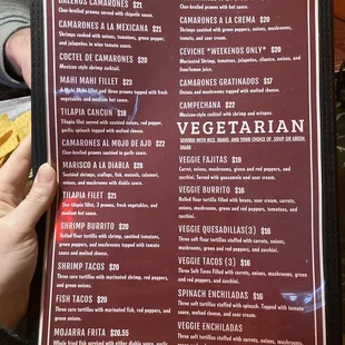 Seafood and vegetarian menu