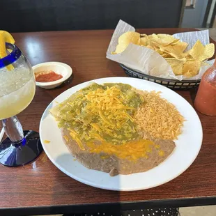 Chicken enchiladas verdes with house margarita, chips and salsa