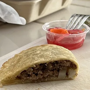 Beef and potato and pickled onions