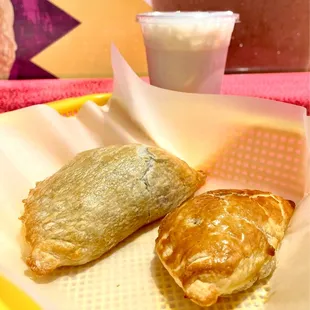 Beef with potato empanada, pineapple empanada, and horchata